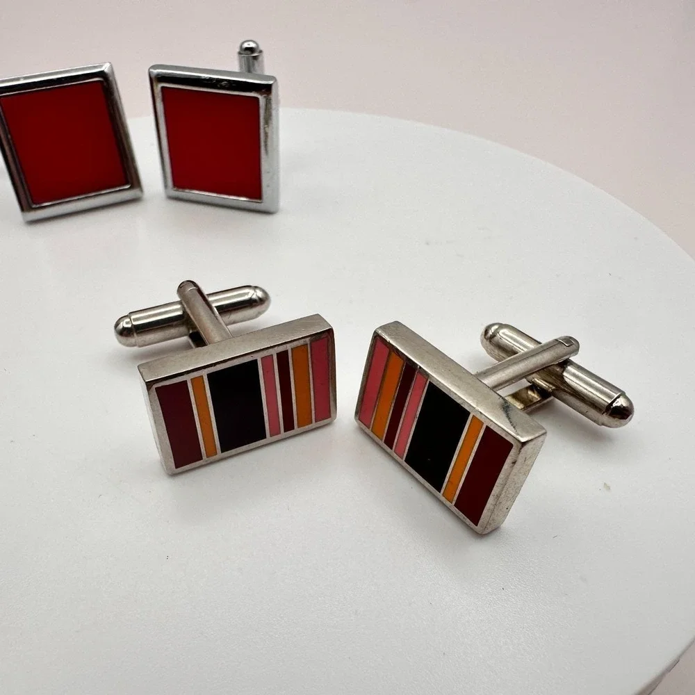 Vintage 80s Paul Smith Style Multi Stripe & Red Enamel Cufflinks Set Lot Jewelry